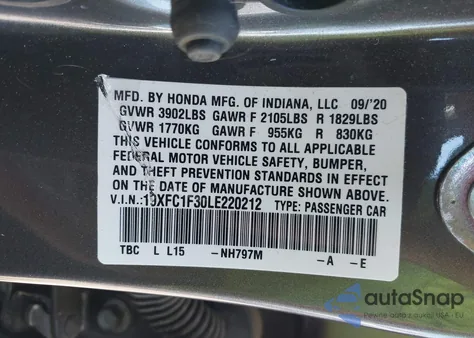 2020 Honda Civic Ex из США, поврежденный, VIN 19XFC1F30LE220212